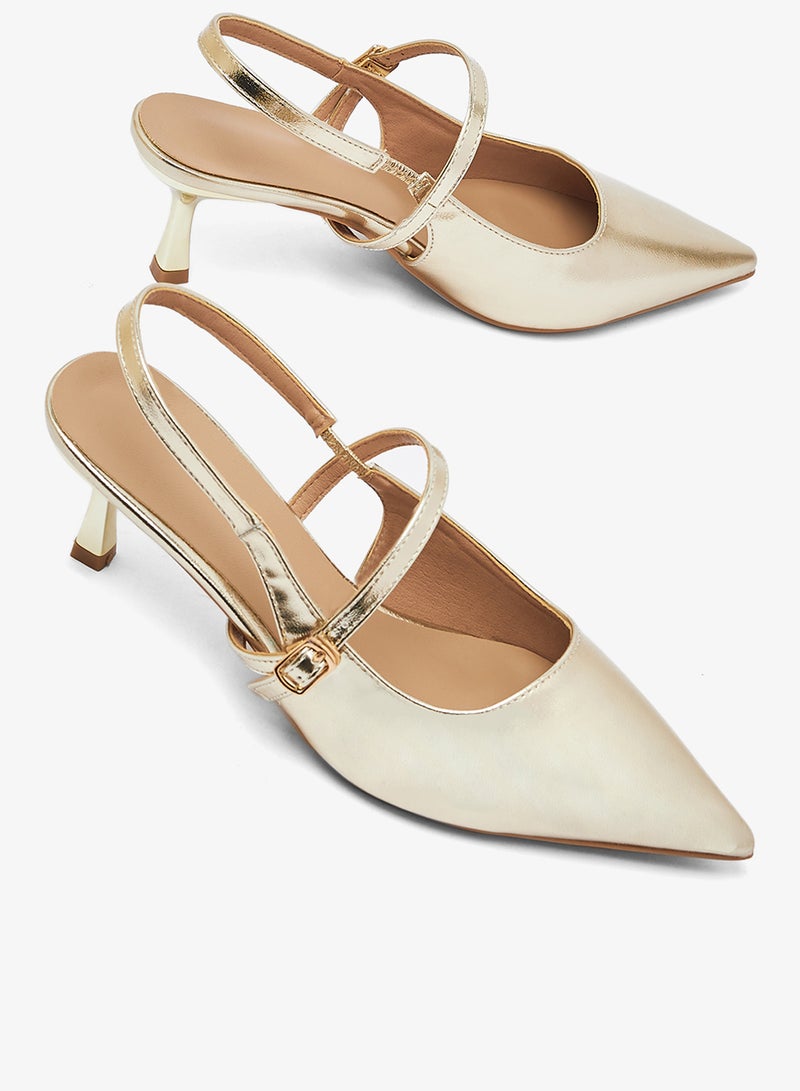 ايلا حذاء بكعب مدبب ذهبي معدني بحزام خلفي - Image 4